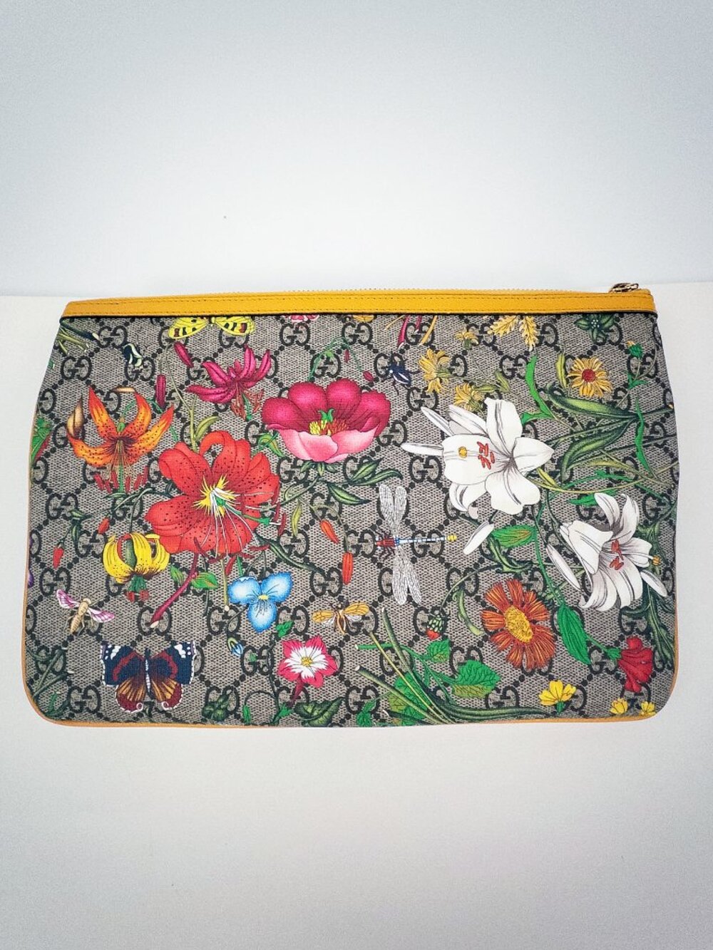 Gucci Ophidia GG Supreme Flora Yellow Medium Pouch Clutch Like New Hologram Box - Picture 2 of 13